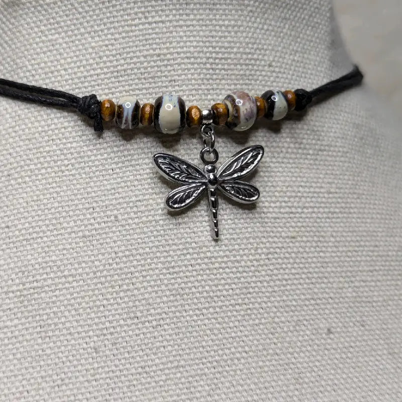 Dragonfly Pendant Ceramic Bead Silver-Tone Bohemian-Style Choker Necklace