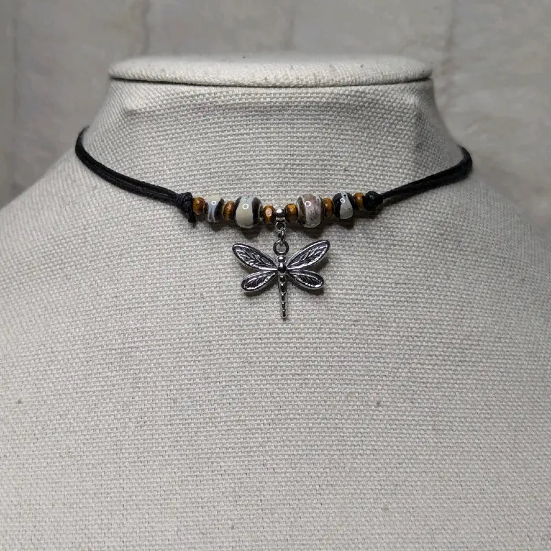 Dragonfly Pendant Ceramic Bead Silver-Tone Bohemian-Style Choker Necklace