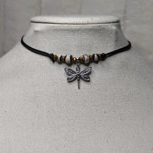 Dragonfly Pendant Ceramic Bead Silver-Tone Bohemian-Style Choker Necklace