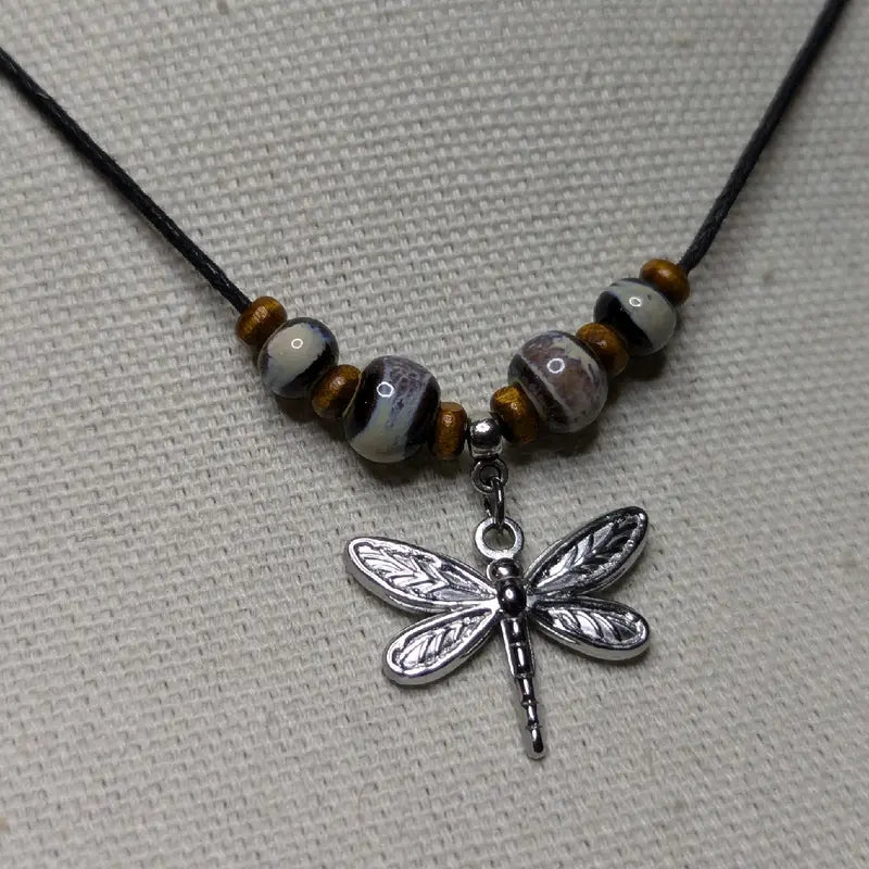 Dragonfly Pendant Ceramic Bead Silver-Tone Bohemian-Style Choker Necklace