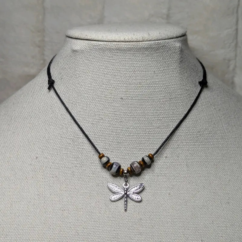 Dragonfly Pendant Ceramic Bead Silver-Tone Bohemian-Style Choker Necklace